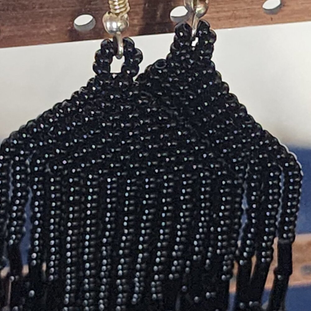 Coal Black Handmade Beaded Chandelier Shepard's Hook Earrings for Pierced Ears - Picture 16 of 16